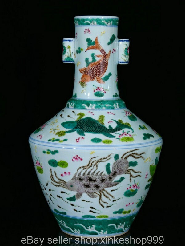 15.6" Old Chinese Qianlong Marked Porcelain lotus Flower Fish Bottle Vase