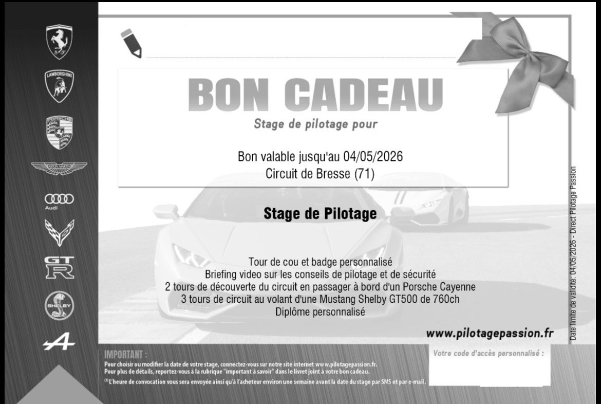 Bon cadeau Pilotage MustangShelby GT500-Circuit deBresse(71)
