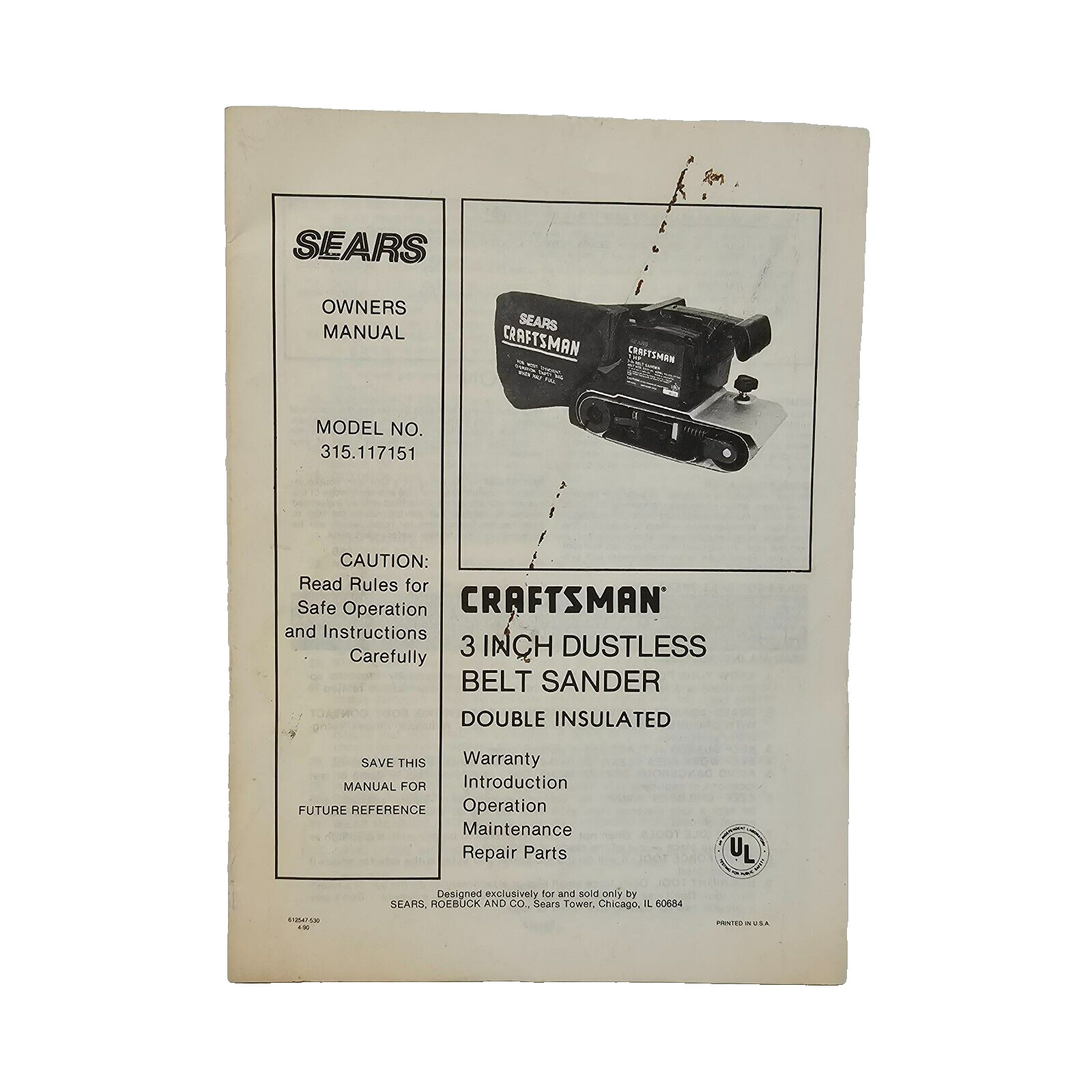 Sears Craftsman Belt & Disc Sander Model 315.117151 Owner's Manual