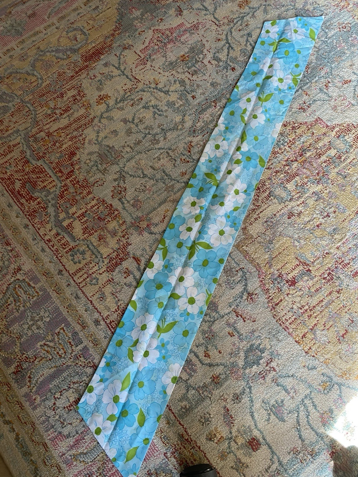 VTG 1960s Handmade Hair Scarf/Wrap/Belt Blue And Green Flowers 41”