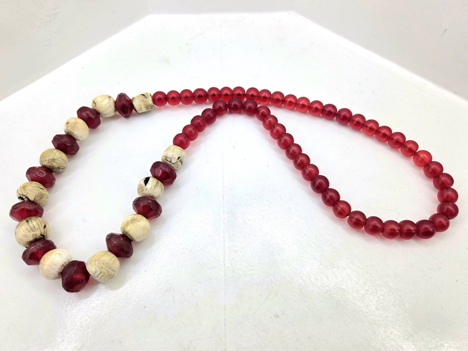 Antique Trade Bead Necklace Bohemian Vaseline Glass Round Bicone Conch Shell