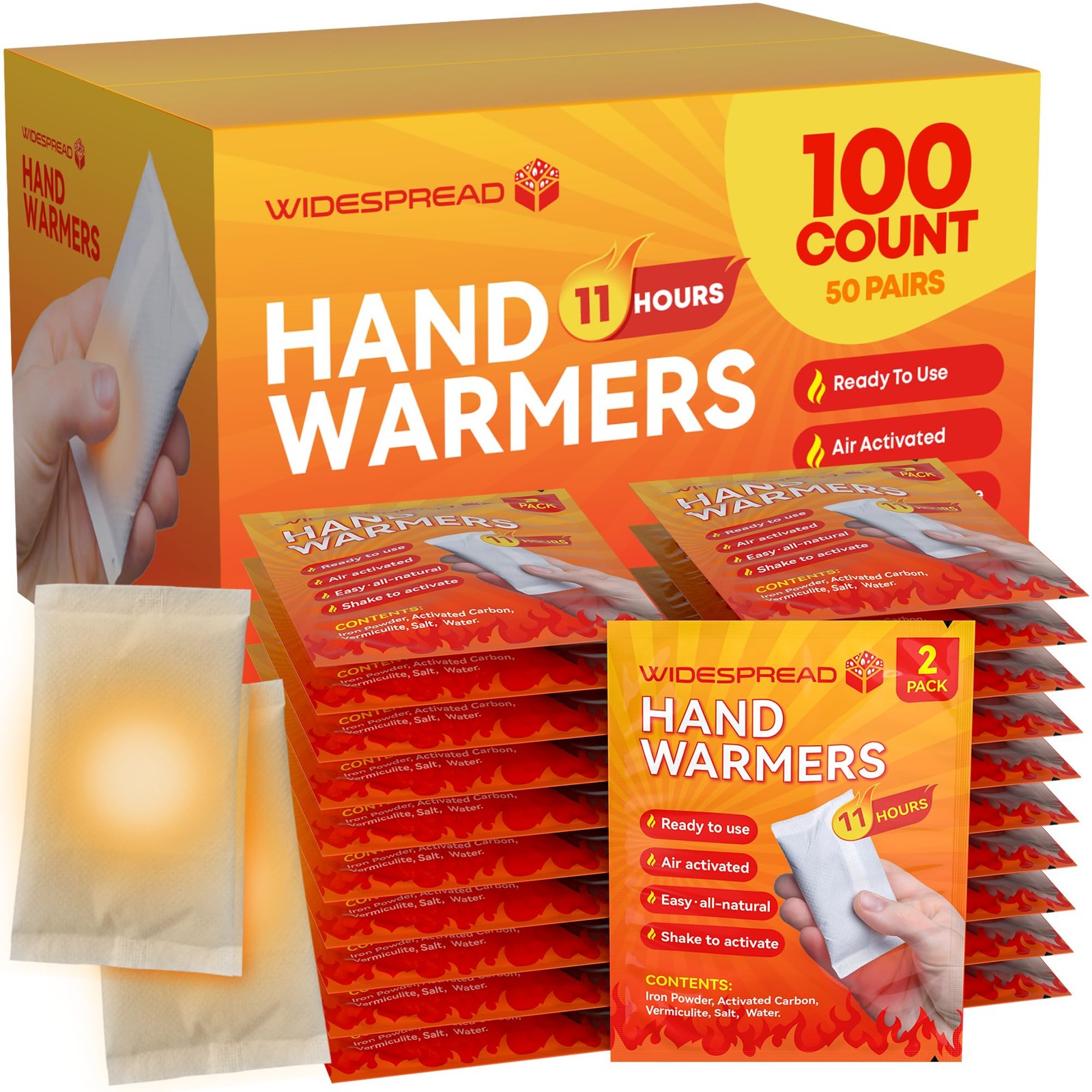 Hand Warmers Disposable 50 Pairs (100 Warmers) 11+ Hour Air-Activated Hot Han...