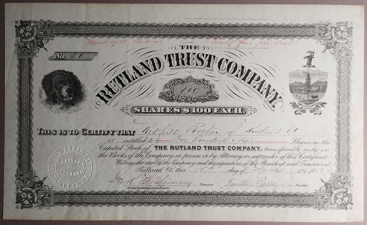 1883 Rutland Trust Company Vermont Banking Stock Certificate I/C B4-10