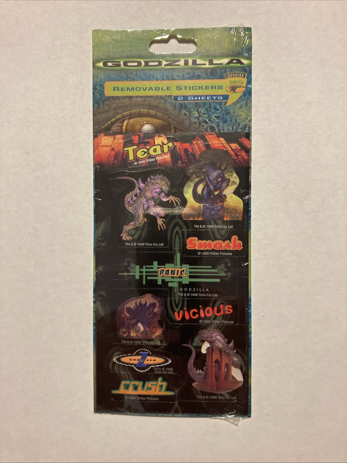 Godzilla Removable Stickers Self Adhesive Sticker Sheets (2) Vintage 1998 Sealed