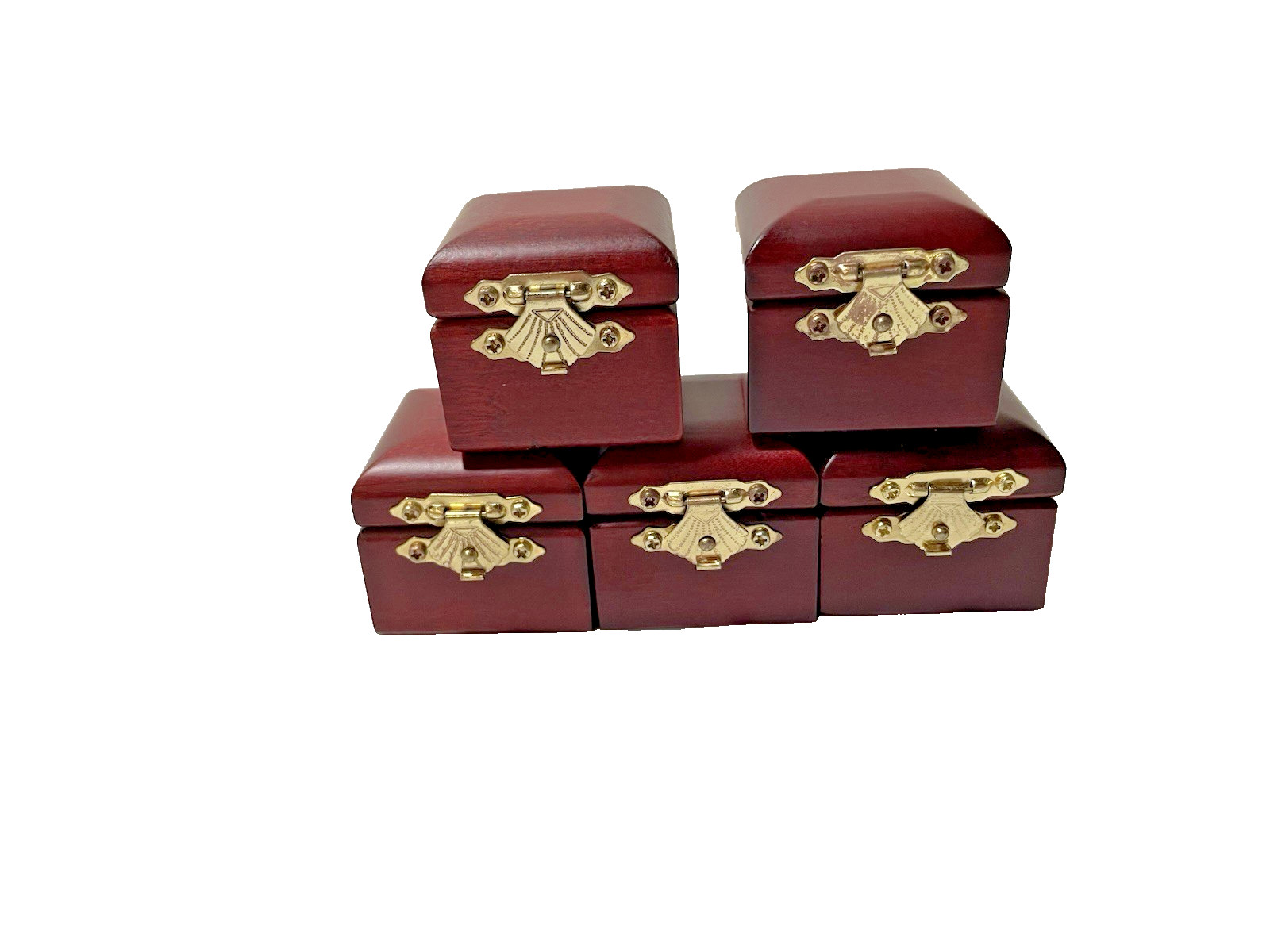 5 VTG Ring Holder Box Wood w/ Brass TONE Jewelry Gift Engagement Storage Case