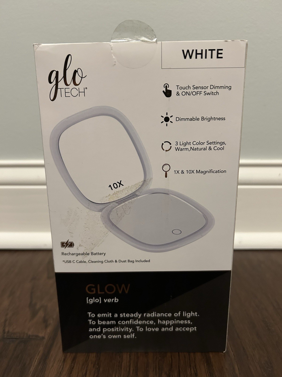 Glo Tech LED Compact Makeup Mirror 1x/10x Magnification 3 Light Modes Touch Dim