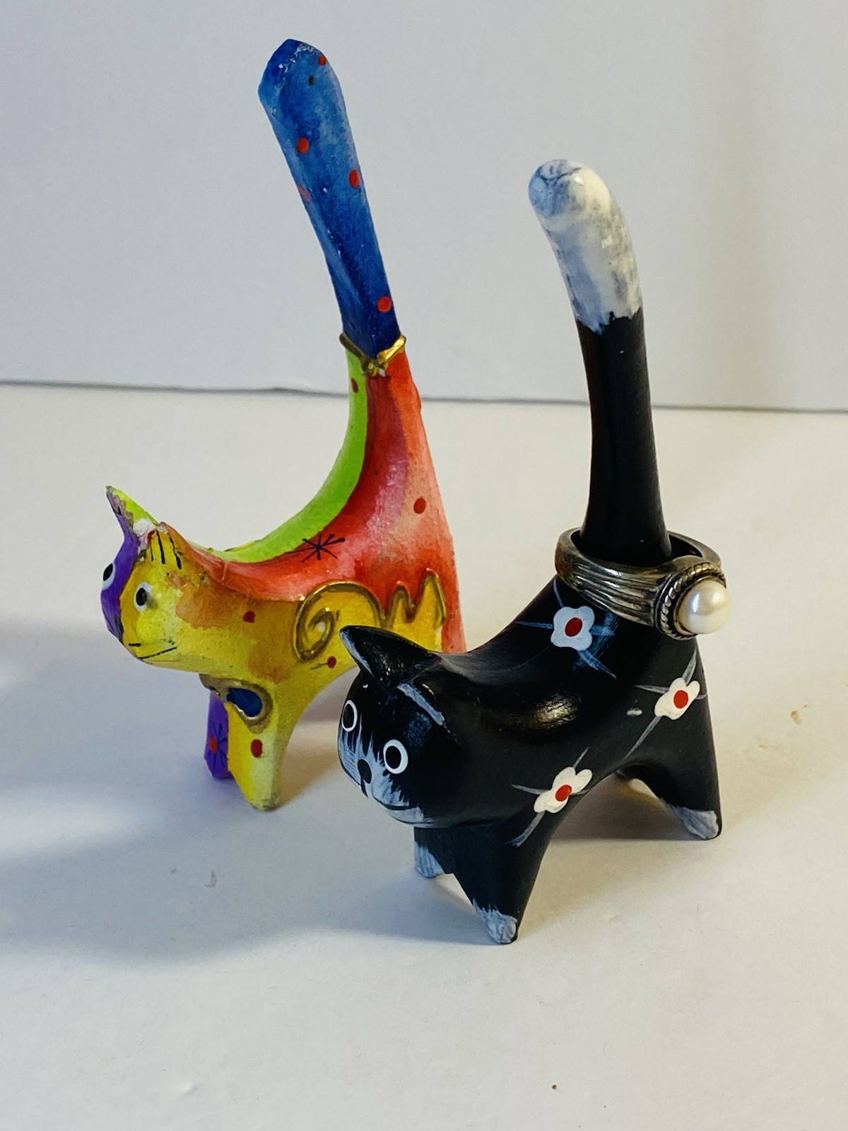 Long Tail Cat Folkart Carved Wood Ring Holders Set of 2 