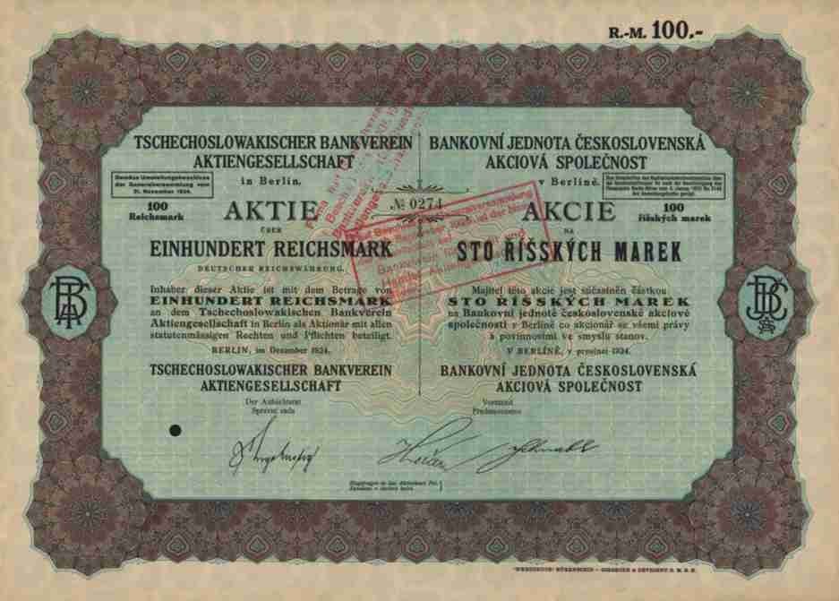 Bankverein Tschechien Kredit Handel  AG 1924 Berlin Hamburg Dresden Union Bank #