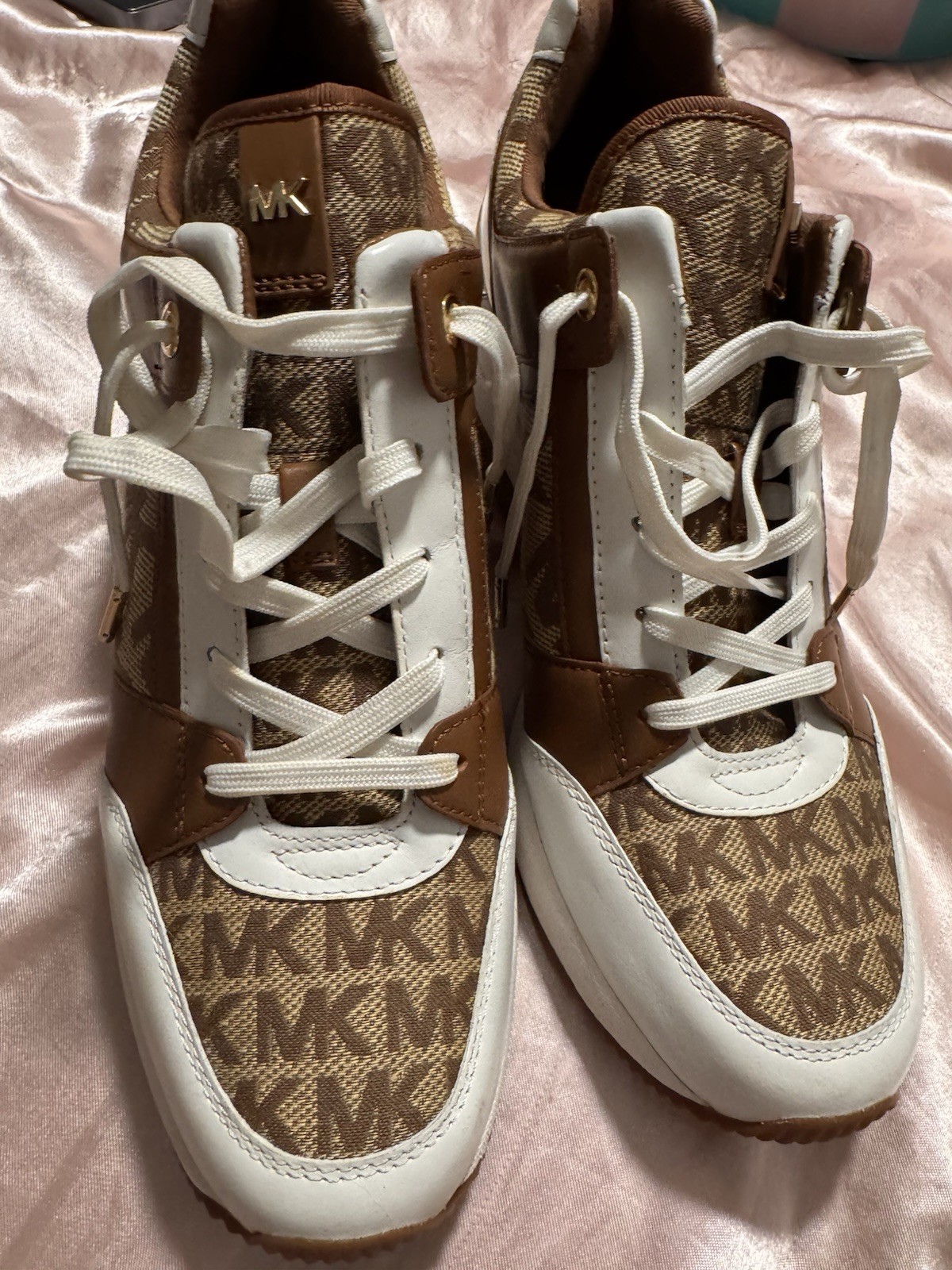 Michael Kors Logo Lace Up Brown White Mid Top Sneakers Designer Athletic Shoes
