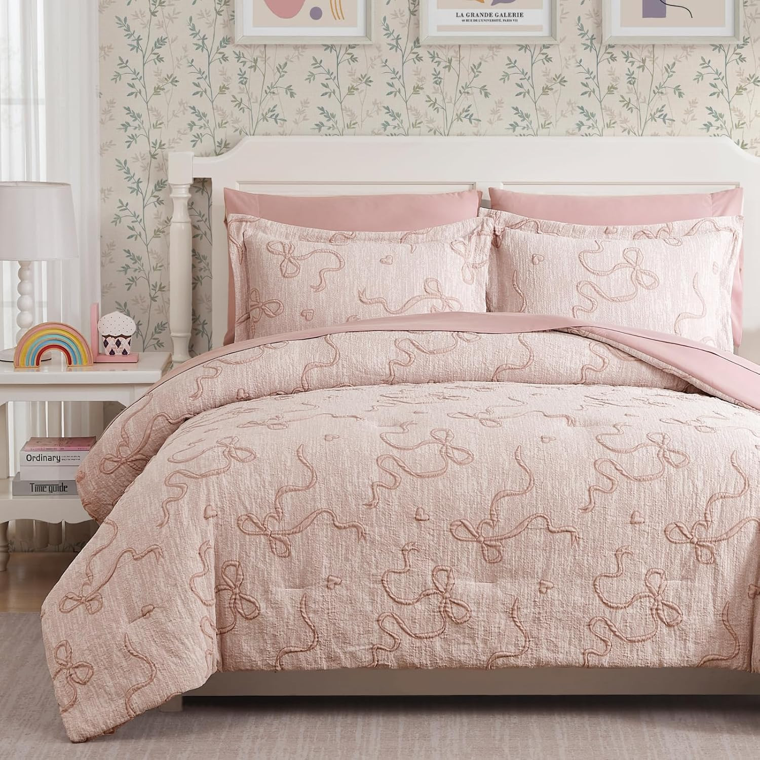 Pink Full Comforter Set for Girls- 7 Pieces Bowknot Jacquard Bed in a Bag Full B