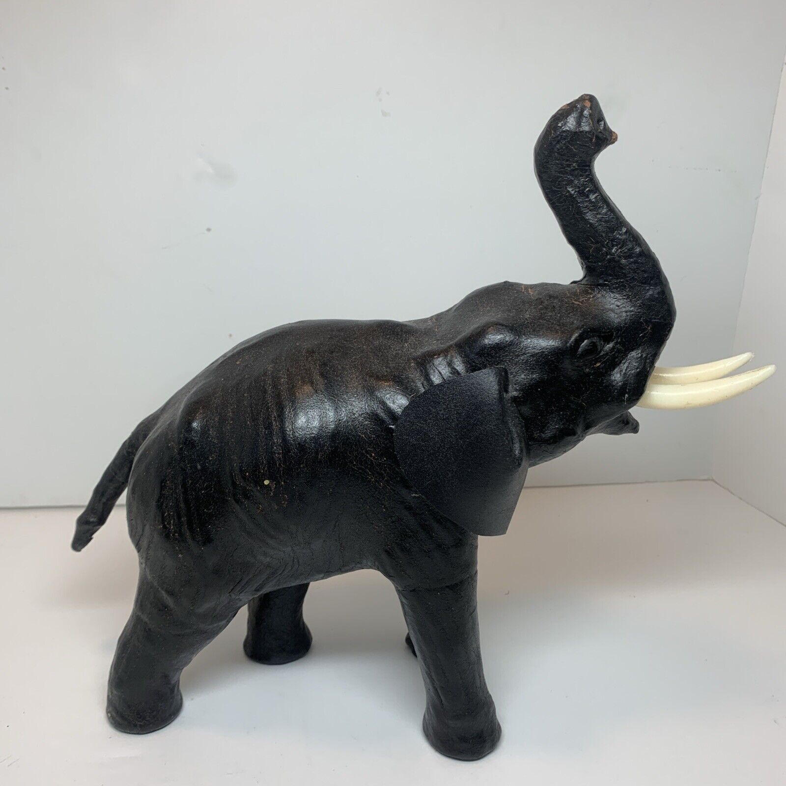 Vintage Leather Wrapped Sculpture Statue Figure Roaring Elephant Glass Eyes 10”