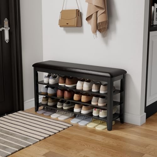  Shoe Bench with Leather Cushion, 3 Tiers Shoe Storage Bench Height 39.4" Black