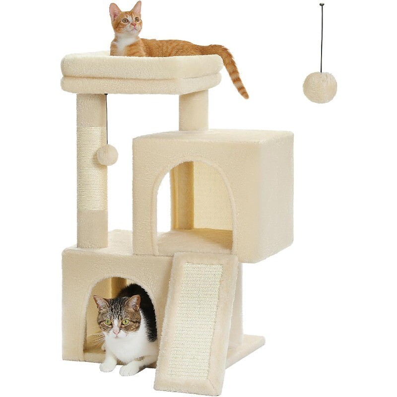 30 Inches Cat Tower with Dual Condos for Indoor Cats Plush Cat House Cat Tree