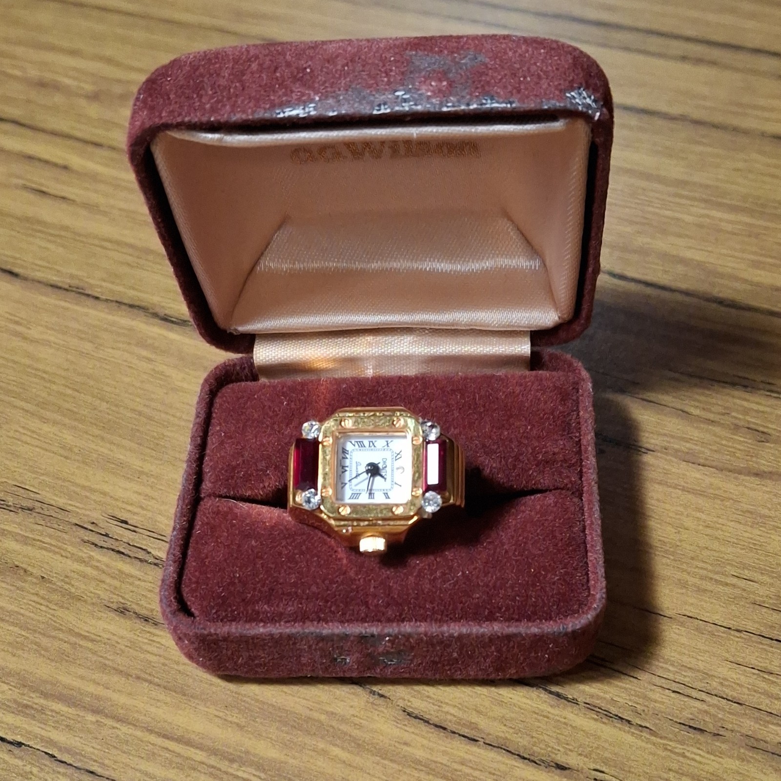 Digitus Gold Tone Cocktail Ring Watch with Red and Clear Rectangular Stones