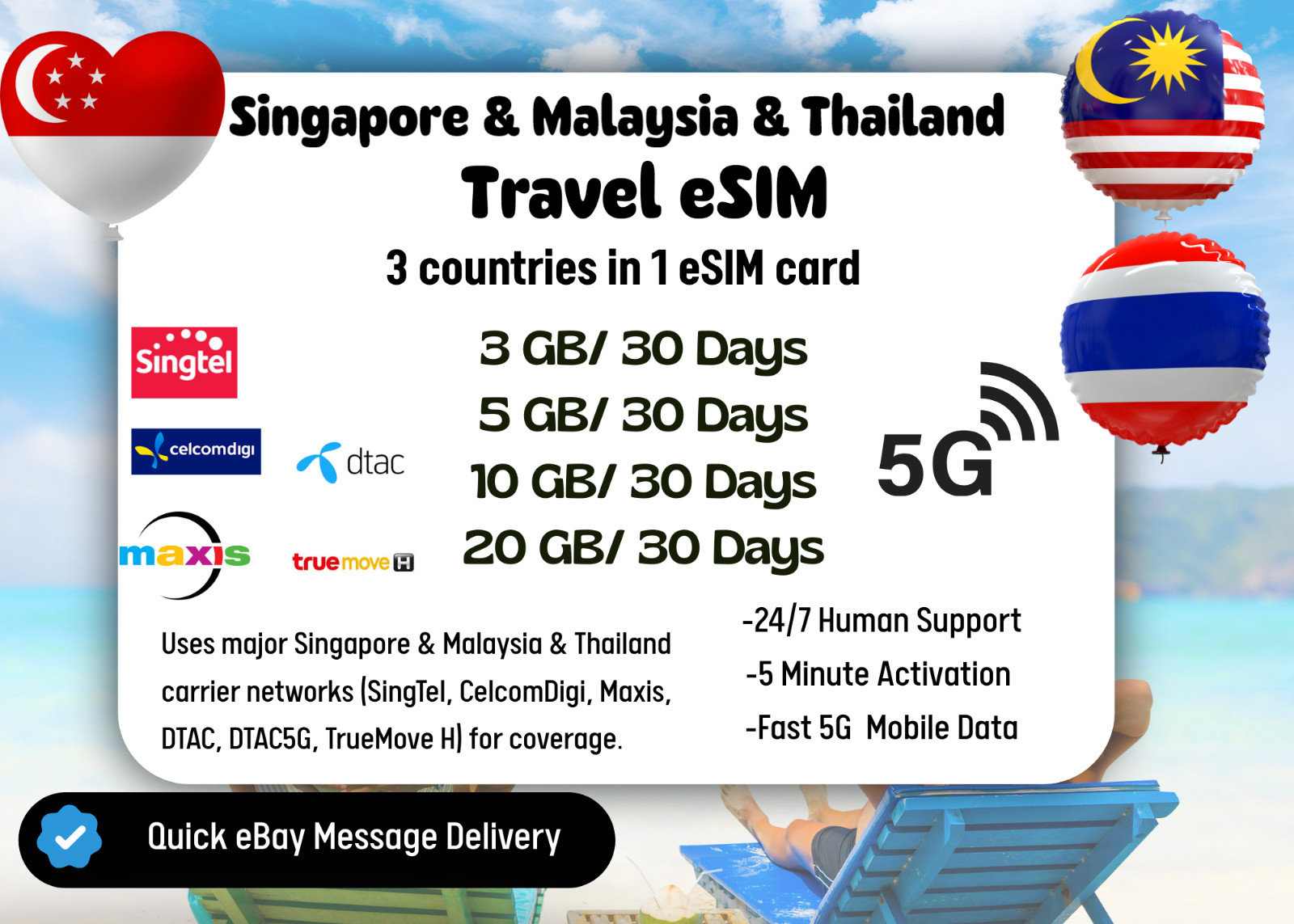 Singapore Malaysia Thailand Travel eSIM Card,3-20GB,30Days,QR Code,Fast Delivery
