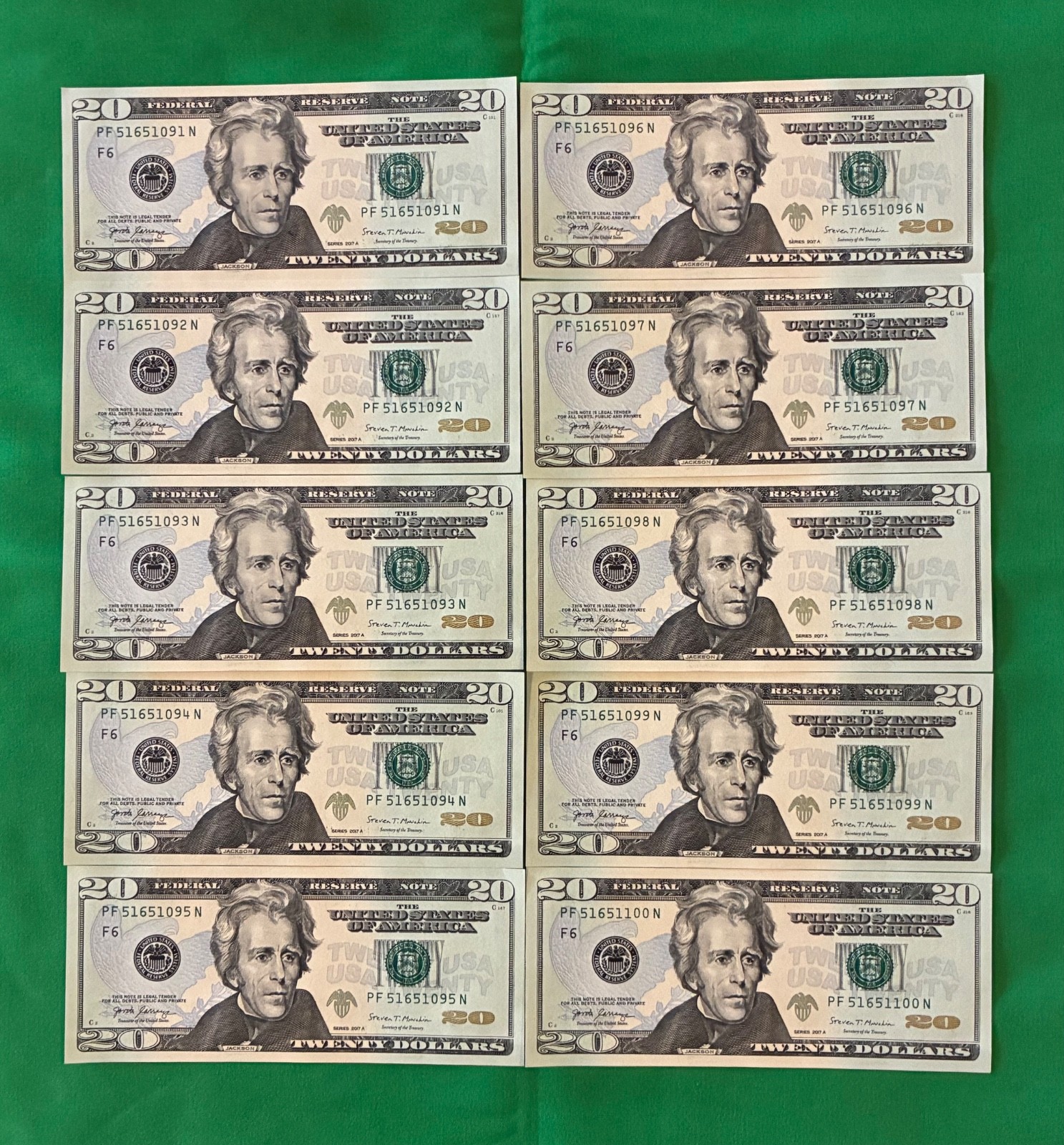 BEAUTIFUL UNCIRCULATED TWENTY Dollar Bills $20 2017A Sequential $200 Lot of 10