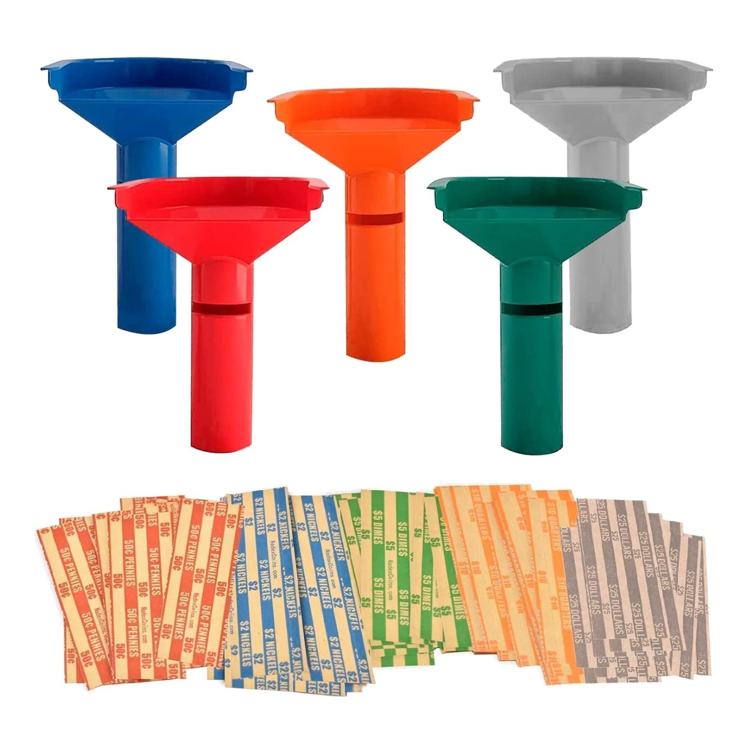 Funnel Shaped Coin Counting Tube Set - 5 Tubes & 110 High-Quality Wrappers