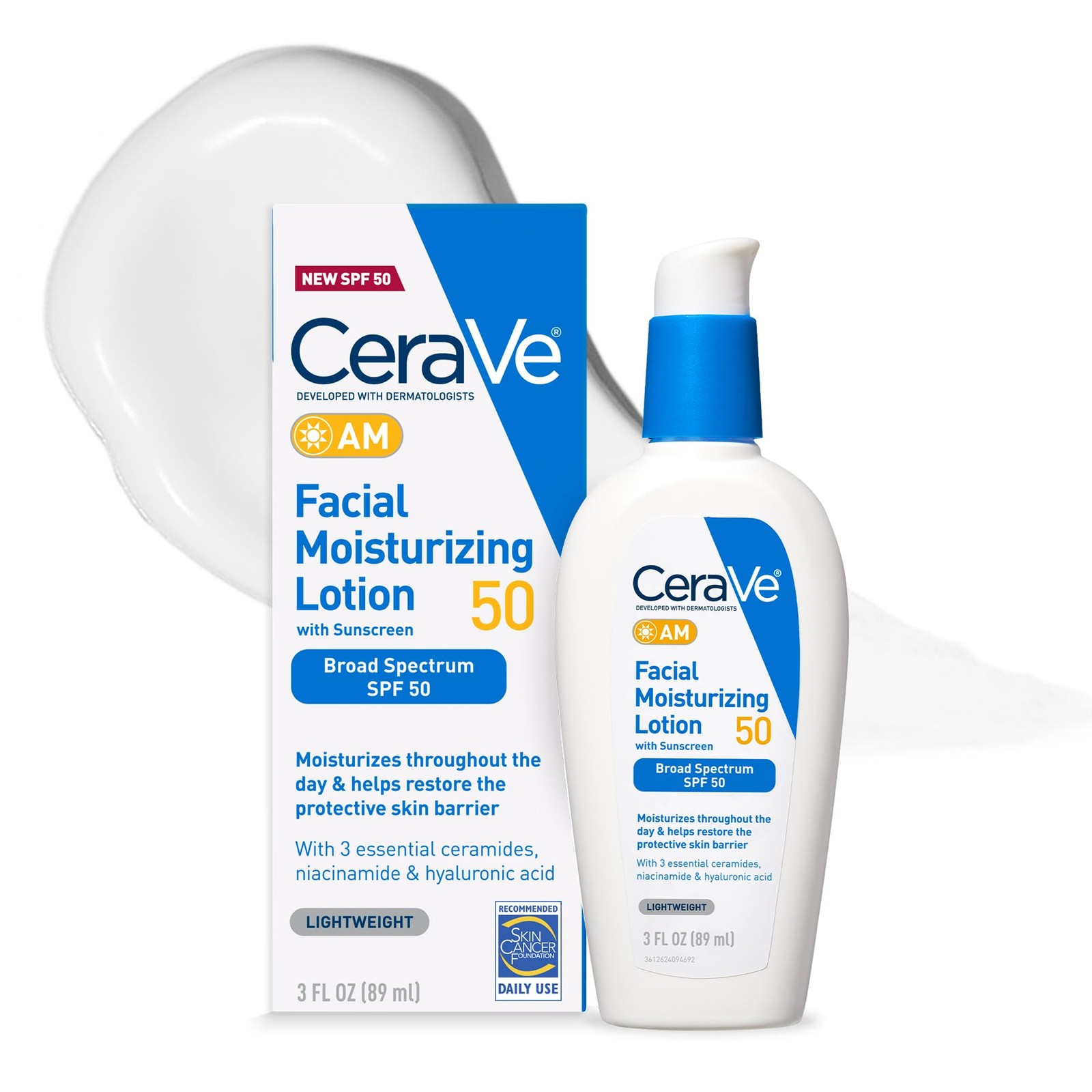 CeraVe AM Facial Moisturizing Lotion SPF 50, Face 3 Fl Oz (Pack of 1), White 