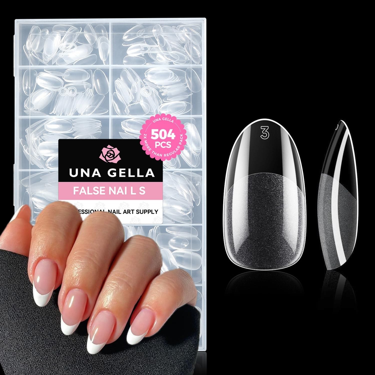 UNA GELLA Oval Fake Nails 504pcs Almond Soft Gel Tips 12 Sizes Full Cover Kit