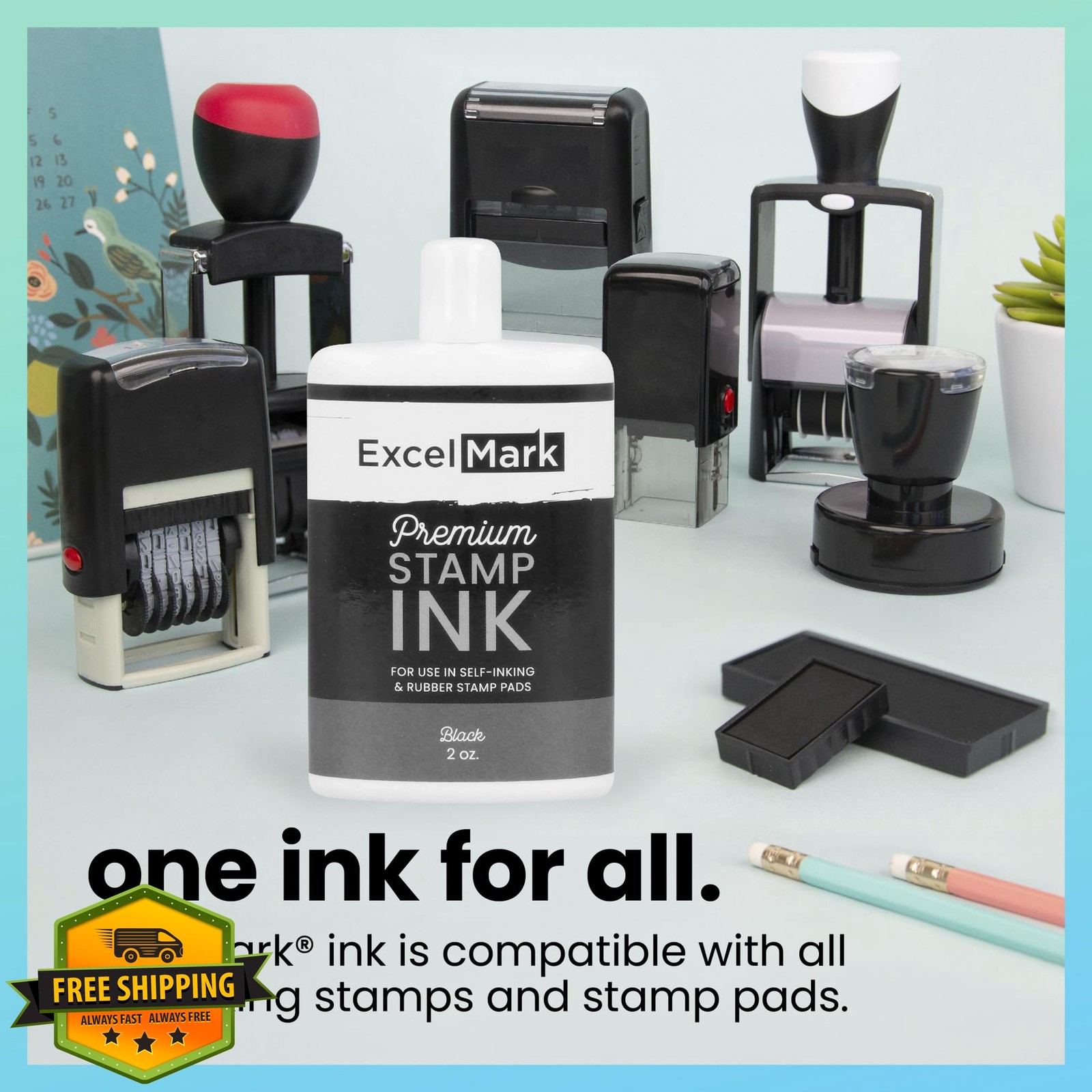 ExcelMark Black Stamp Ink Refill 2 oz Precision Tip for Stamp Pads