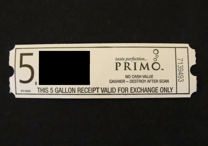 (5) Primo Dispenser Five 5-Gallon Water Bottle Vouchers or Coupons For Exchange