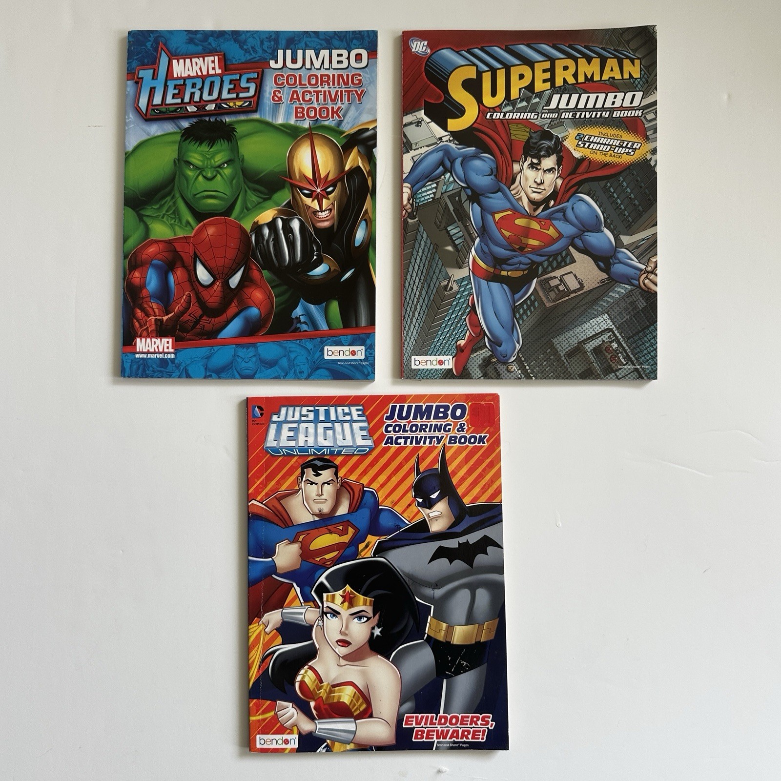 Bendon Jumbo Coloring & Activity 3 Books Set Marvel Superman Justice League