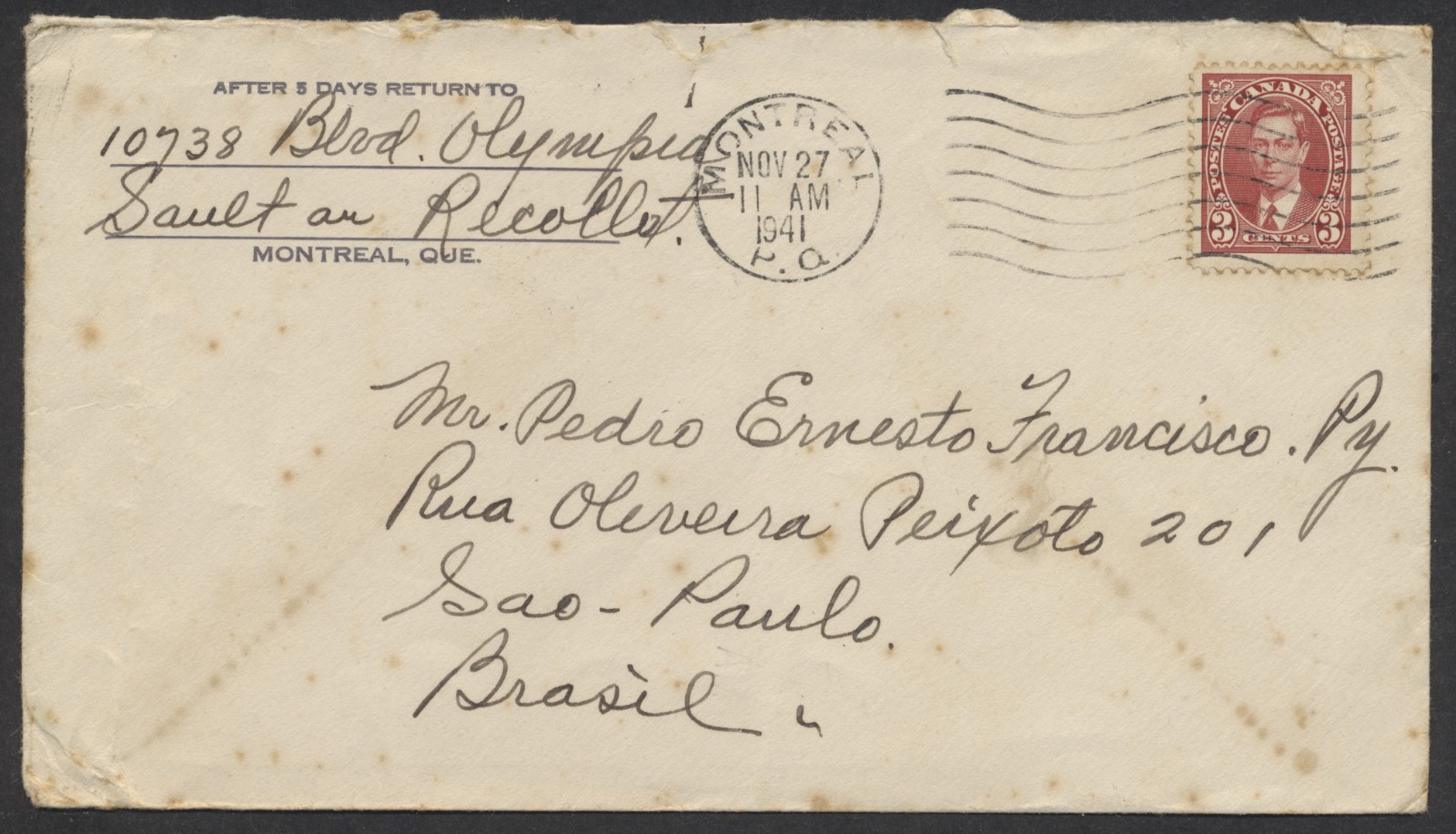 1941 #233 3c GeoVI Mufti On Preferred Surface Rate Cover Montreal to Brazil