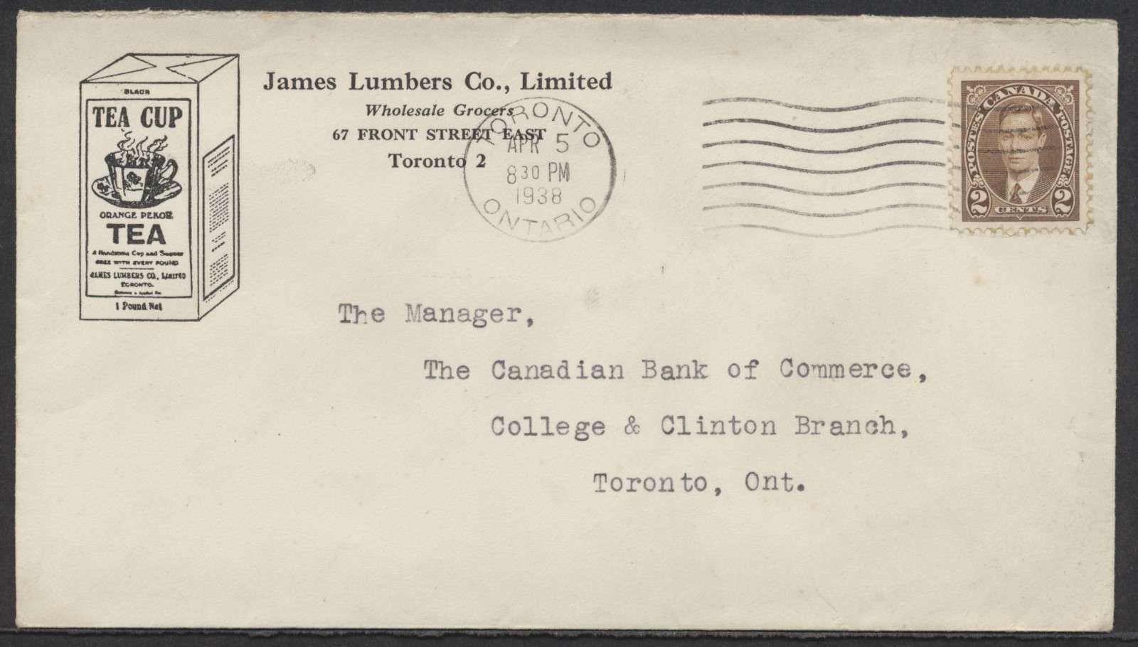 1938 James Lumbers Wholesale Grocers Tea Cup Tea Advertising Cover Toronto