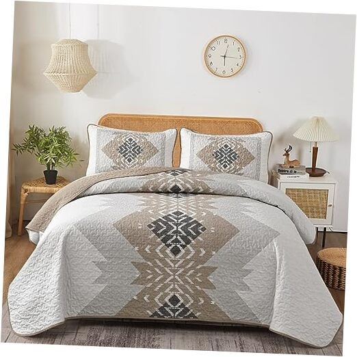  Brown Boho Quilt Set Queen,3 Pieces Aztec Texture Queen 90“×96” Khaki Brown