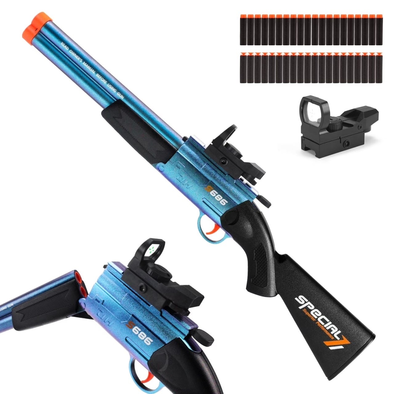 Double Barrel Manual Loading Soft Dart Blaster, with 40 Soft Darts