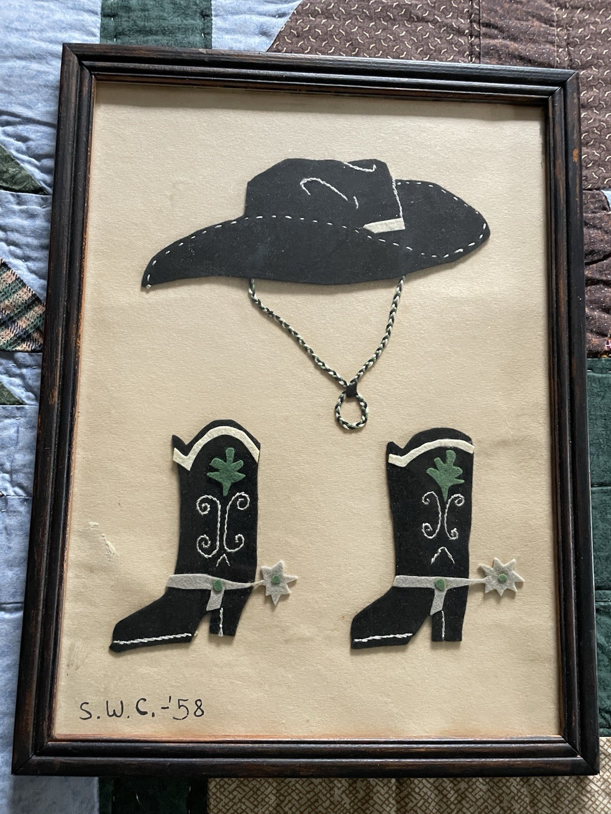 Antique OOAK 1958 S.W.C. Black Felt Cowboy Boots and Hat Framed 13" X 9 3/4" Art