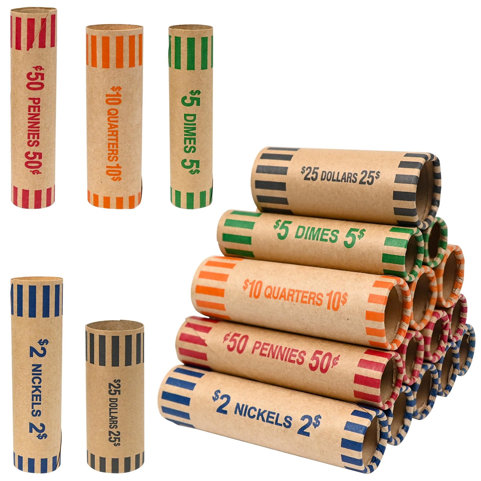 Preformed Coin Roll Wrappers (60 Assorted) -12 Quarters, 12 Pennies, 12 Nicke...