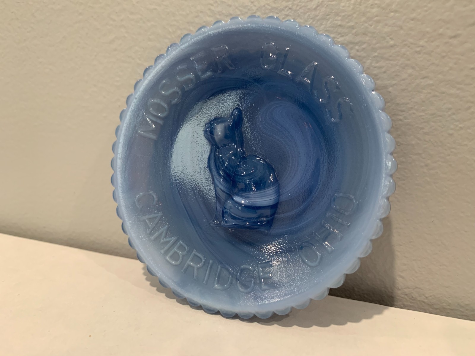 Mosser Glass Cambridge Ohio Dish, 3.5", Light Blue, Embossed w/ Cat Design