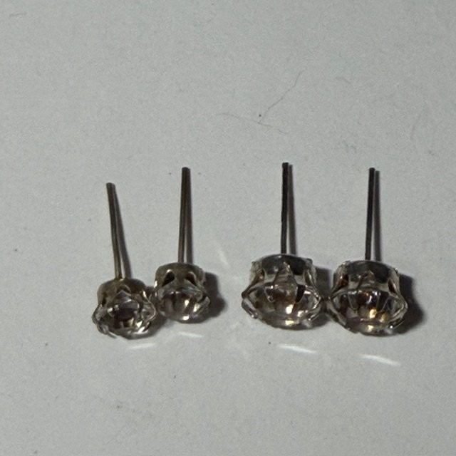 Clear Crystal Stud Earrings Silver Tone Kids Girls 2-Pair Set Tiny Small