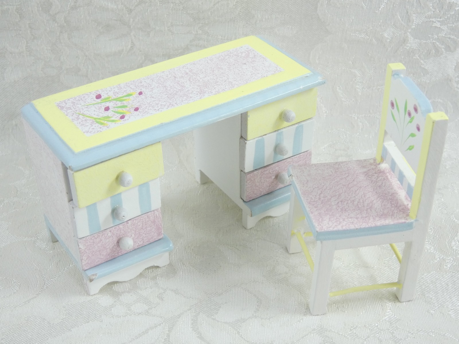 Dollhouse miniature wood multi colored children's desk and chair 1:12