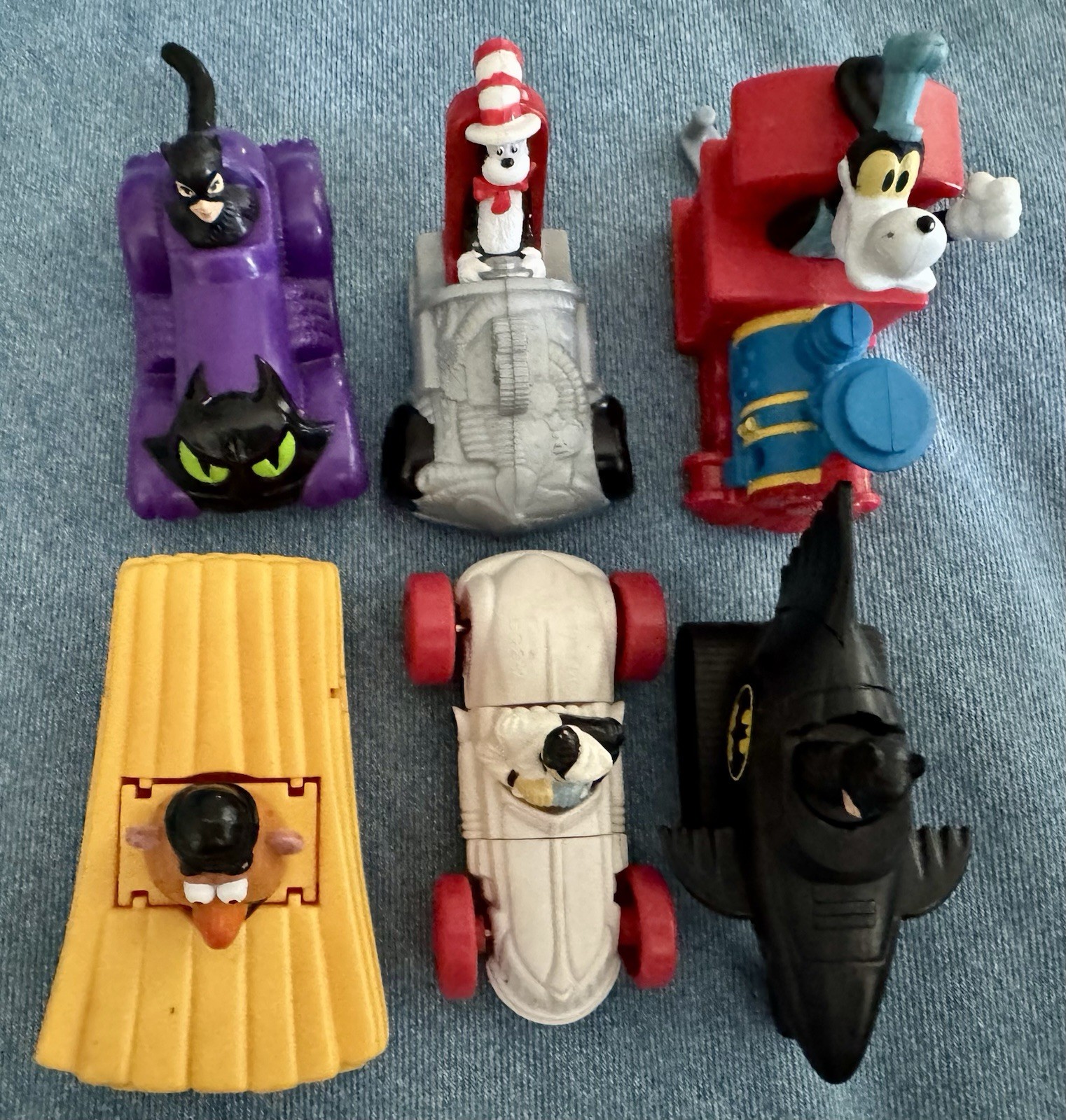 6 Vintage Cartoon Cars Happy Meal Toys Batman 2 Face Bat Woman Mr Potato Cat Hat