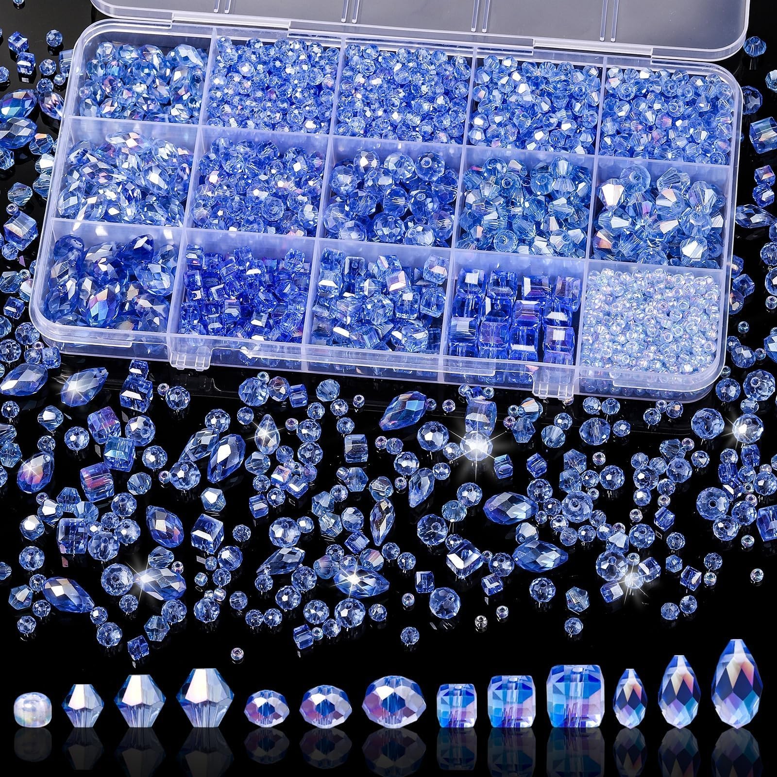 Song Xi 1500PCS Glass Beads for Jewelry Making, Assorted Faceted AB Lake Blue 