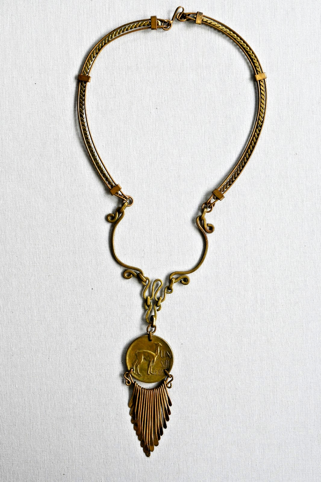 Vintage Peruvian Brass Lllama Coin Statement Necklace Ethnic Un Sol de Oro Peru