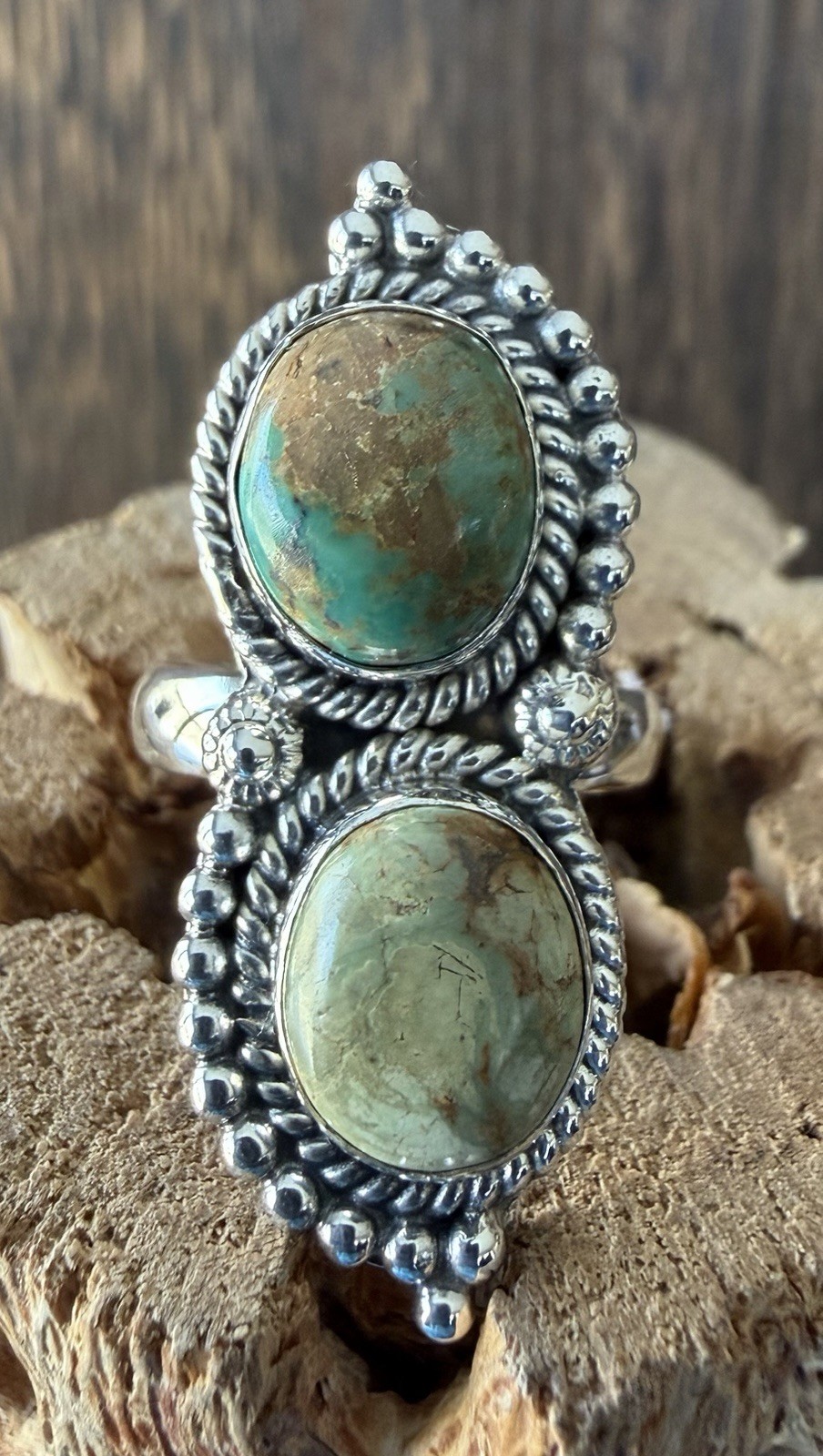Sterling Silver Native American SW Otteson Blackjack Turquoise 2 Stone Ring