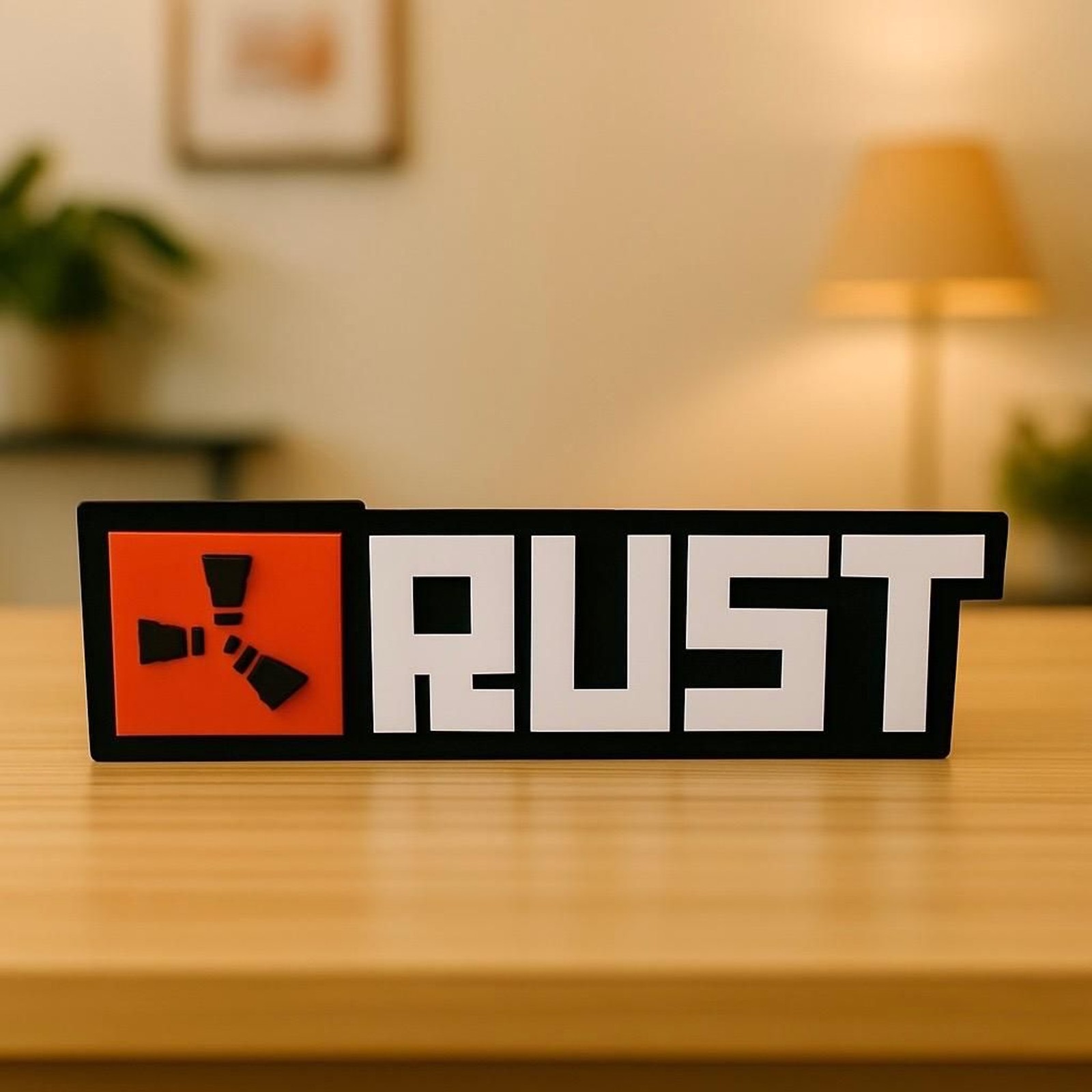 Rust Game Logo 3D Printed Nameplate – Orange & Black Desk Sign Gamer Room Decor