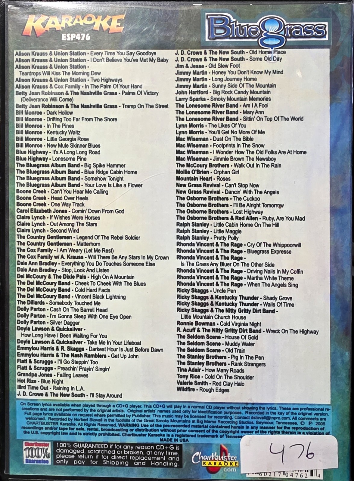476 BLUE GRASS     CHARTBUSTER  (6 CDGS)   KARAOKE   CDGS LOT  LONG DRIVE