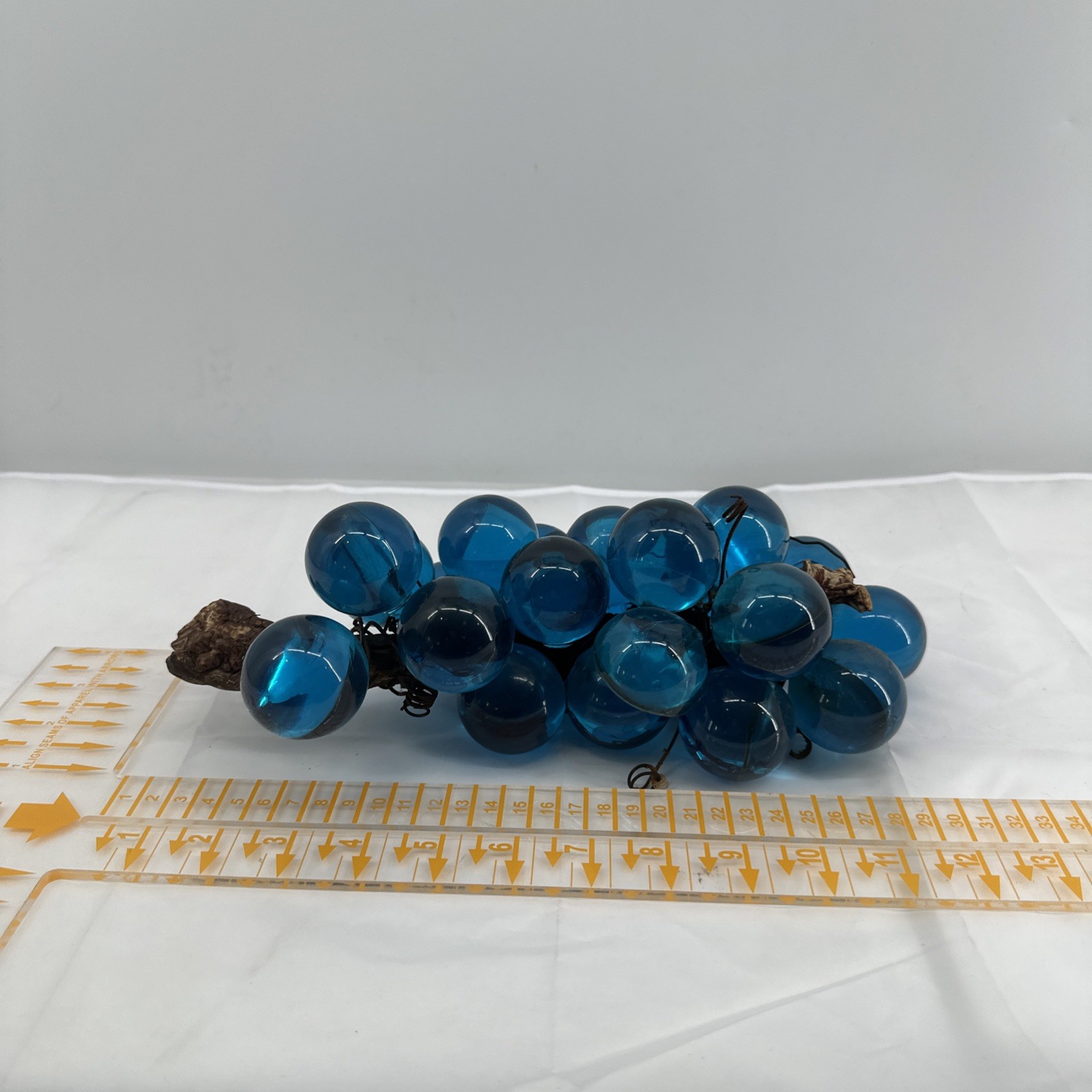 🩵 Vintage Cluster of Aqua Lucite Grapes with Driftwood Stem