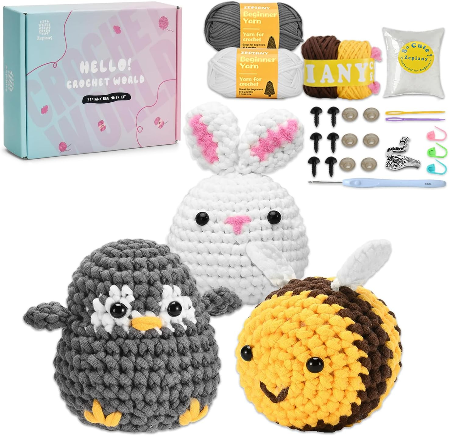 Crochet Kit for Beginners with Beginner Yarn, Amigurumi DIY Crochet Kits for Sta
