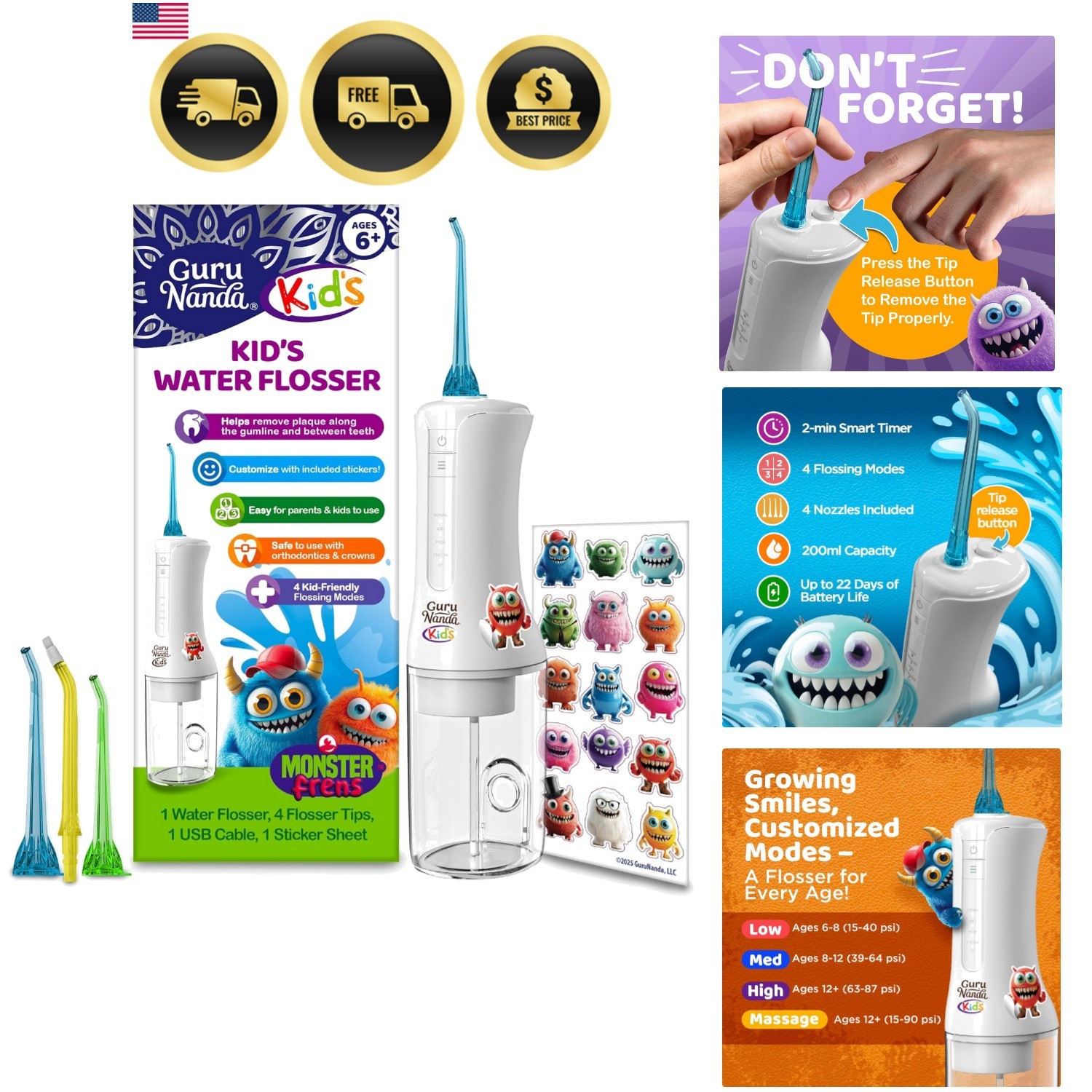 Kids Water Dental Flosser - 4 Flossing Modes, 4 Nozzles, 2-Min Smart Timer, A...