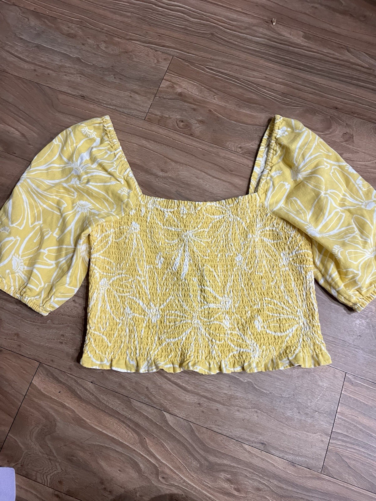 Universal Thread Off Shoulder Puff Elbow Sleeve Blouse Women M Yellow Floral