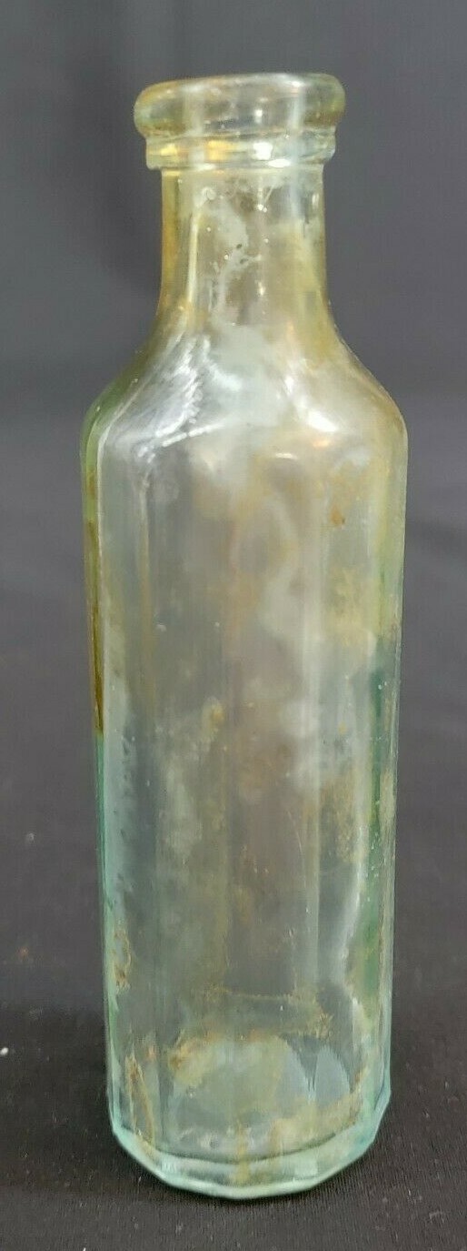 VINTAGE ~ APOTHECARY Round w/Flat Sides Green Tone Glass MEDICINE Bottle - 6"