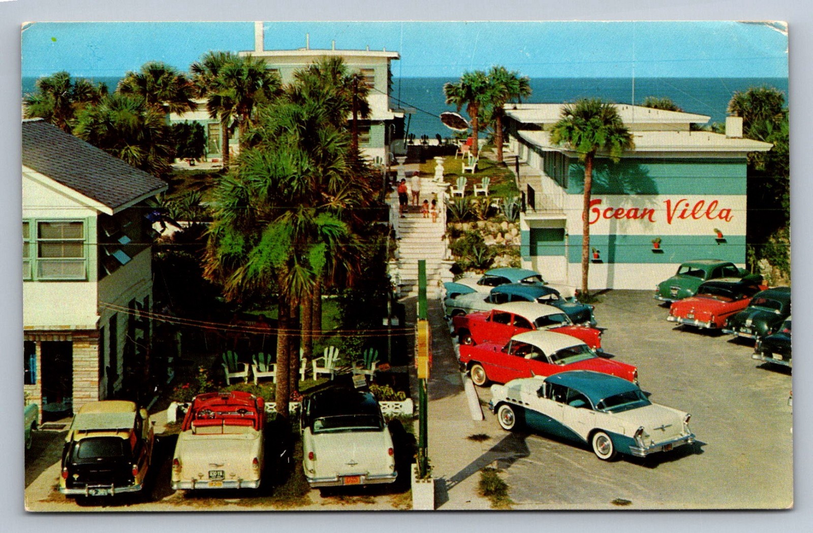 Postcard Florida Daytona Beach Ocean Villa Motel Old Cars Chrome Unposted N632