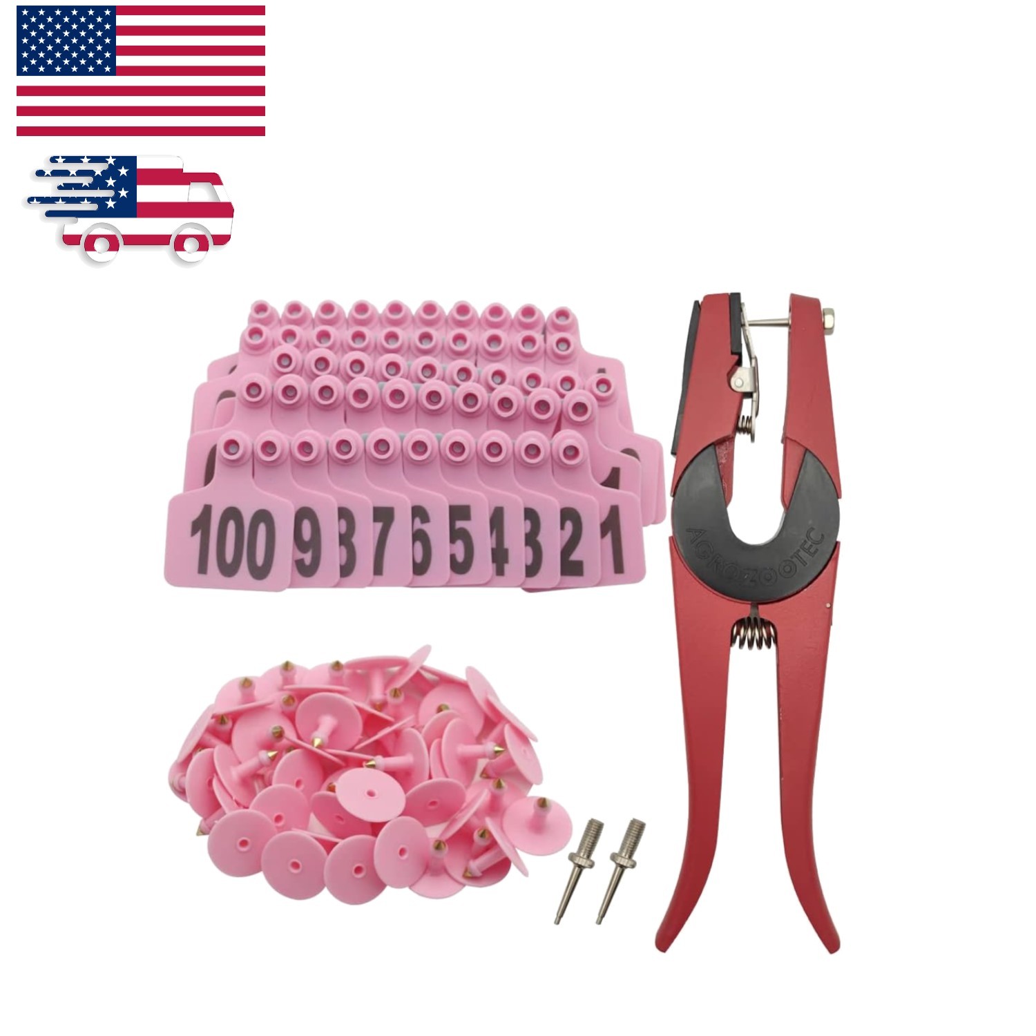 Round Cattle Ear Tags 001-100 with Applicator - Pink Tagging Solution