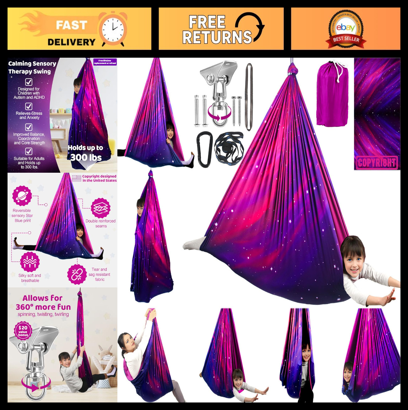 Double Layer Sensory Swing for Kids & Adults - 300lbs Capacity, Indoor/Outdoor T