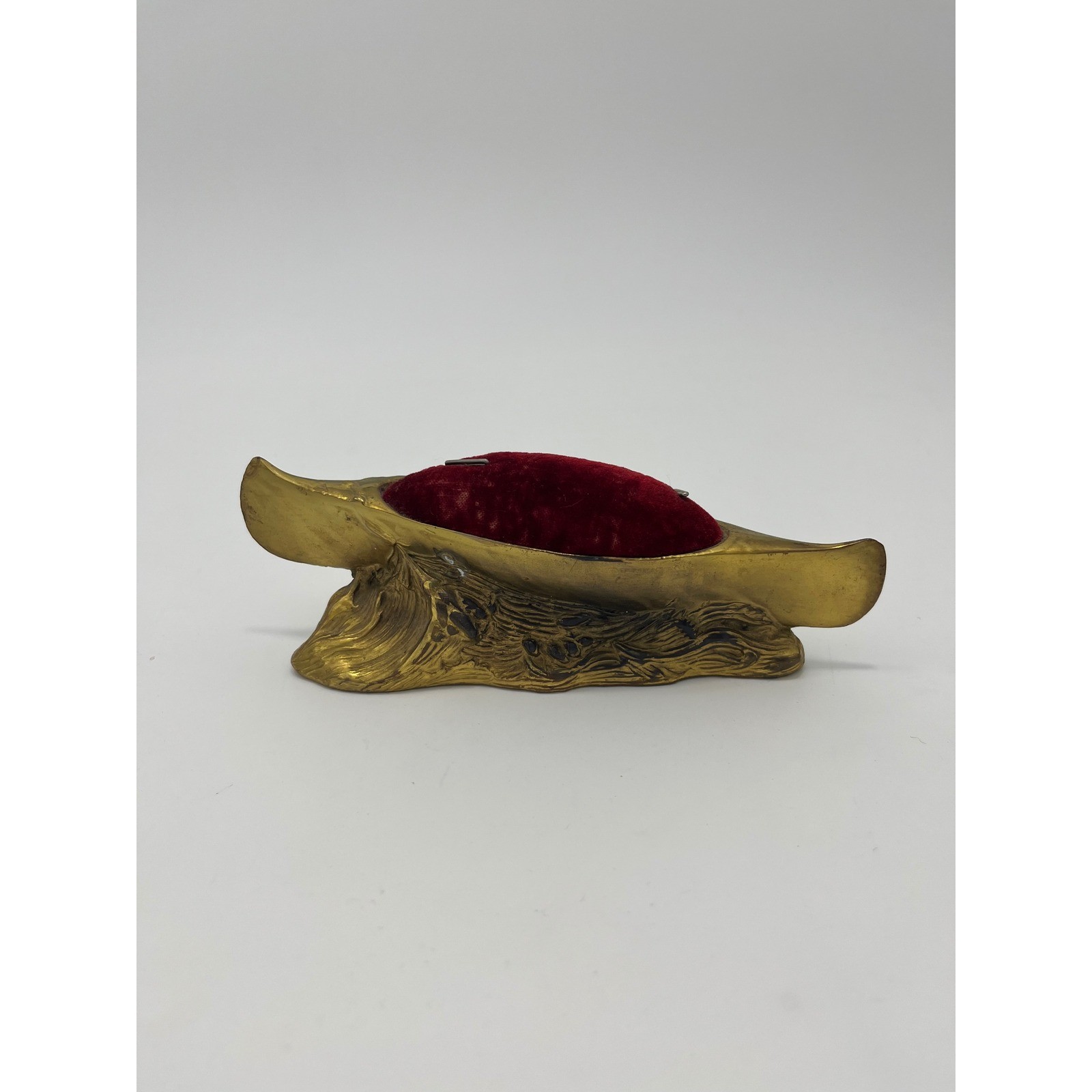 Art Nouveau Brass colored Canoe Pin Cushion Red Velvet Sewing Collectible